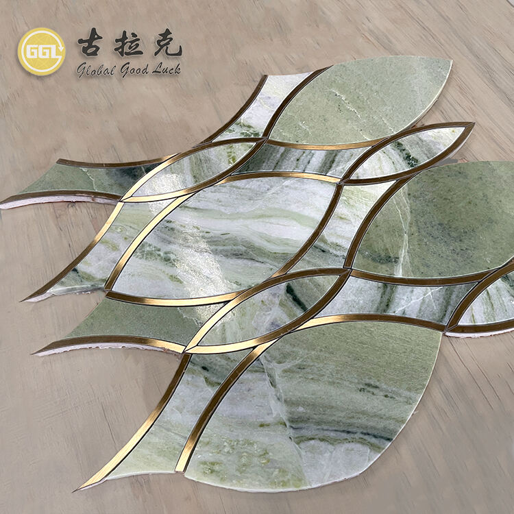 Natural Green Marble Waterjet Mosaic Tile Inlay With Brass Luxury Design