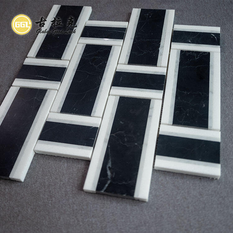 Basketweave Shape Black White Mosaic Interior Tile Home Decor Marble