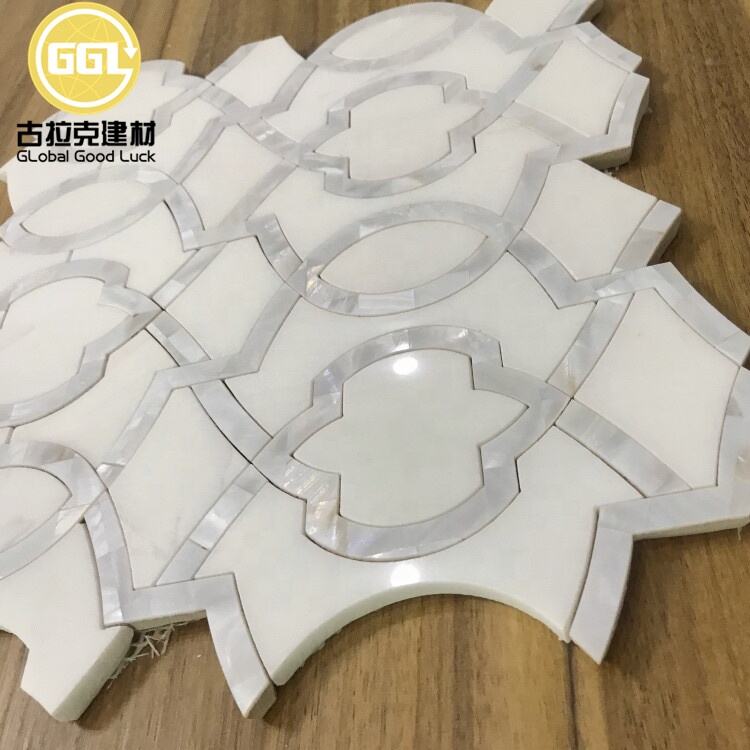  Polished Dolomite White Mix Marble Inlay Shell Waterjet Marble Mosaic Tile