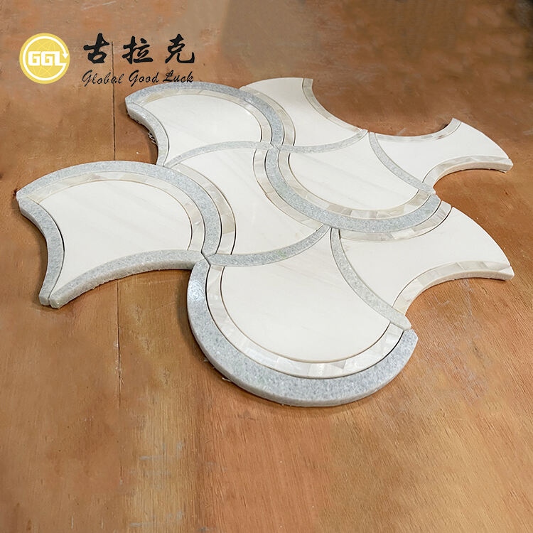 Home Decor White Fan Shape Water Jet Marble Mix Shell Mosaic Tile Interior Wall Backsplash Mosaic