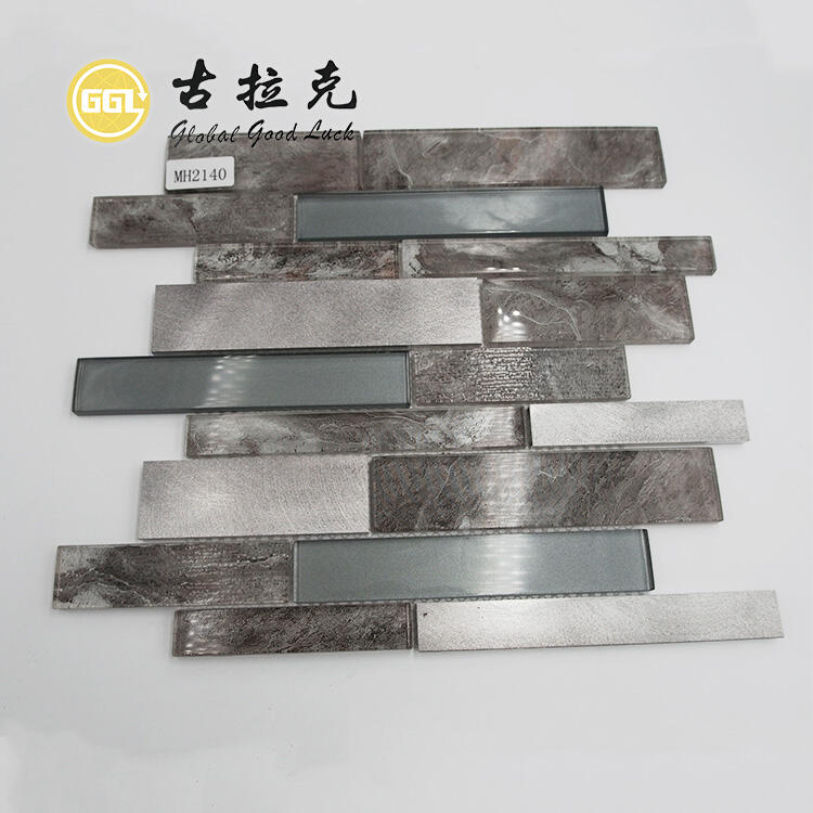 Long Strip Shape Glass Mixed Metal Backsplash Wall Decoration Tiles Glass Mosaic