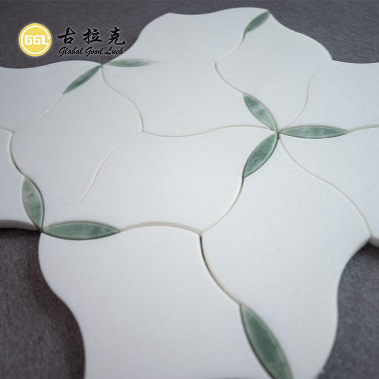 Thassos White and Green Marble Pattern Flower Shape Waterjet Mosaic For Wall Floor Tiles