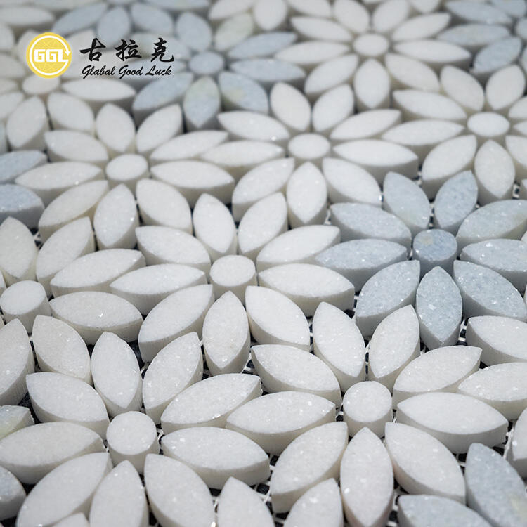 Backsplash Wall Decoration White Mix Blue Flower Pattern Waterjet Mosaic Tiles