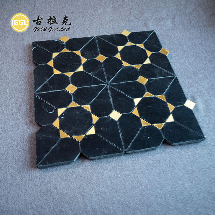 Waterjet Black Marble Tile Mix Brass Mosaic Tile for Interior Floor Wall Decoration