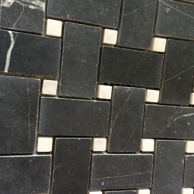 Natural Black with Beige Dots Marble Baskweave Marble Mosaic Tile