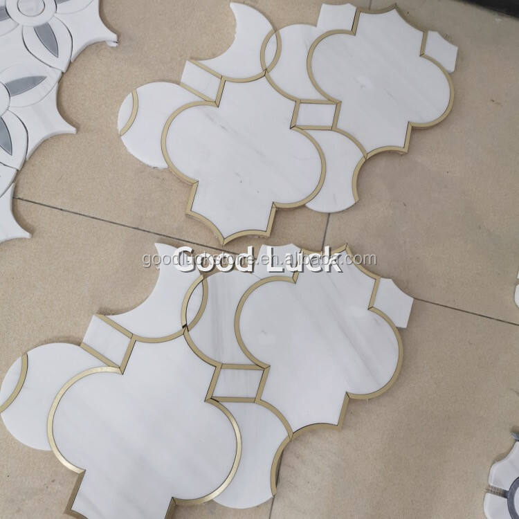 Lantern Shape Marble Waterjet Mosaic Inlay Brass For Wall Floor Tile