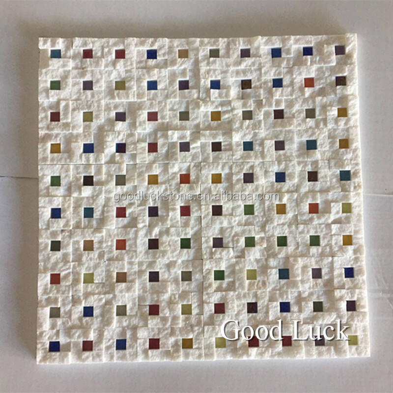 Natural Marble White With Colorful Dots Basket Weave Marble Mosaic Tiles