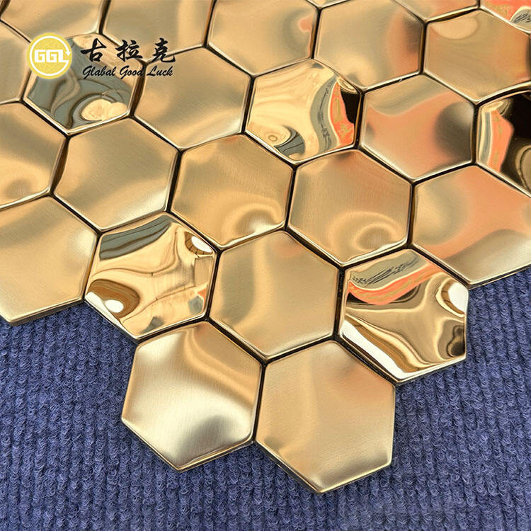 Glossy and Brushed Hexagonal Golden Metal Mosaic Decorative Wall Tiles