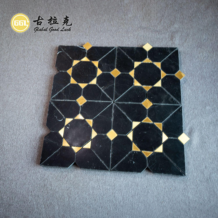 Waterjet Black Marble Tile Mix Brass Mosaic Tile for Interior Floor Wall Decoration