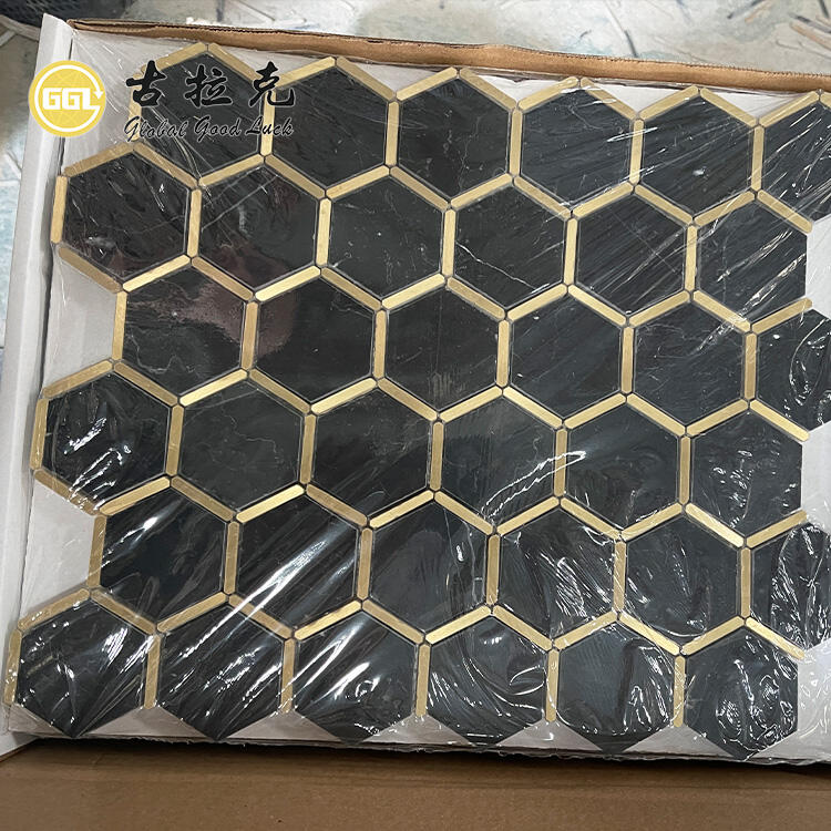 Nero Marquina Marble Mix Brass Mosaic Tile Water Jet Hexagon Black Wall Tile