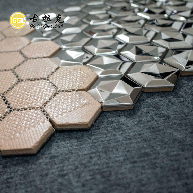 Glossy Surface Hexagonal Metal Mosaic 3D Effect Stainless Steel Decorative Wall Tiles