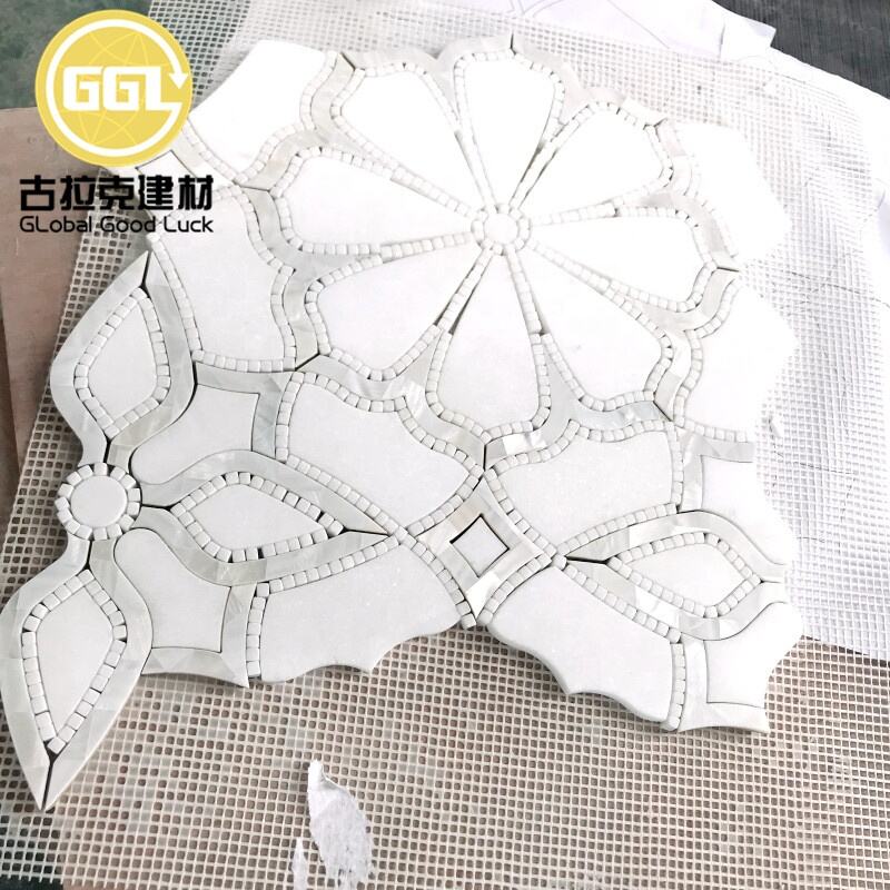 Unique Art Design Tile Waterjet Marble White Shell Inlay Tile Flower Pattern Mosaic for Wall Decor