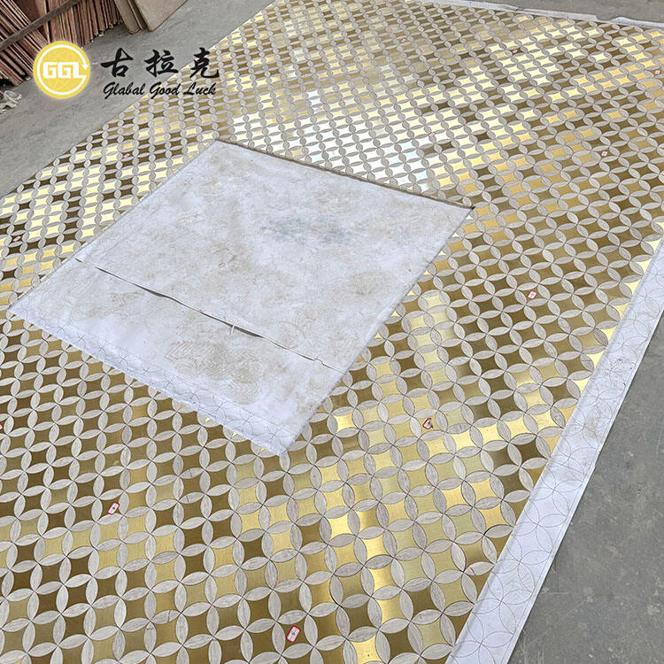 Wood Marble Inlay With Brass Parquet Waterjet Mosaic T