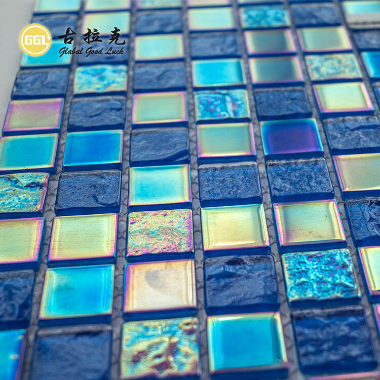 Blue Glass Mosaic Tile Iridescent Rainbow Swimming Pool Tile Decor