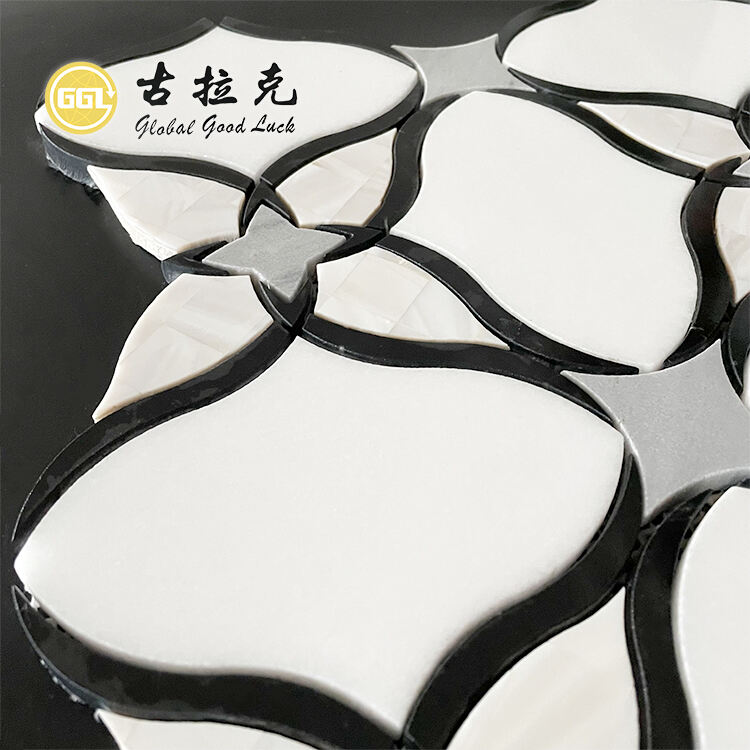 Flower Design Black White Marble Mix Pearl Shell Mosaic Tile