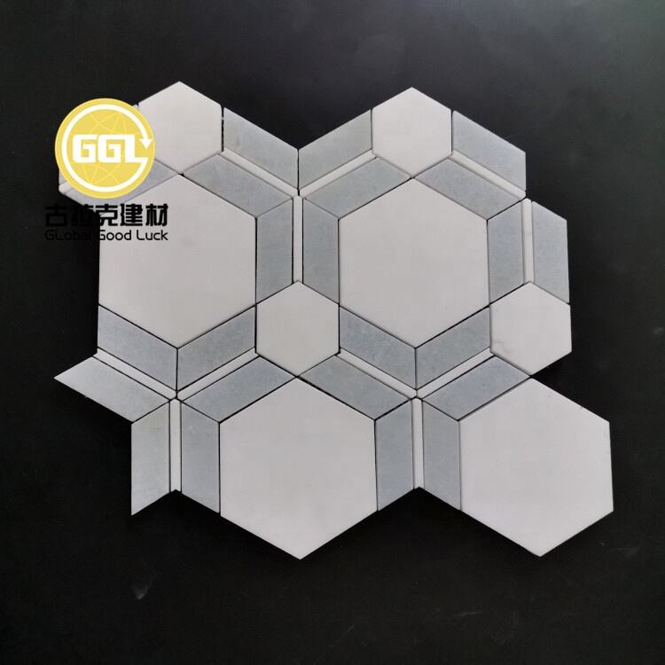 XiaMen Factory Supply White Mix Gray Marble Combination of Hexagon and Square Mosaic Tile for Bathroom Wall/Floor Decor