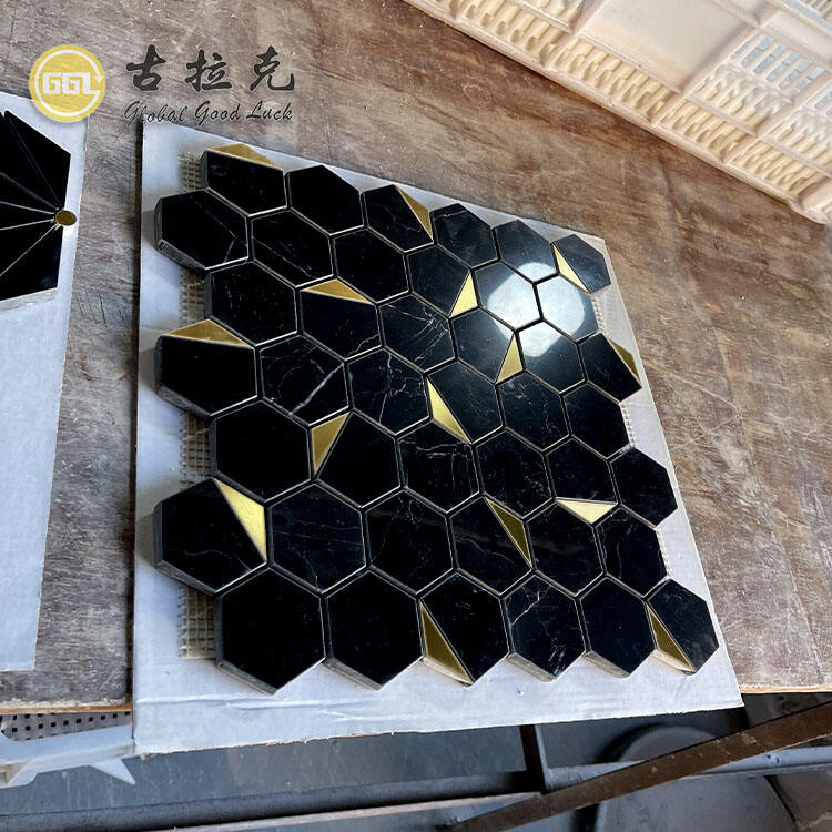 Hot Nero Marquina Marble Mix Brass Mosaic Tile for Villa Home Wall Floor Decor