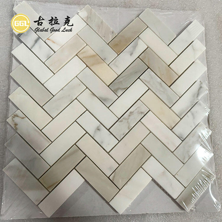 High Quality Herringbone Stone Calacatta Gold Marble Mosaic Tile