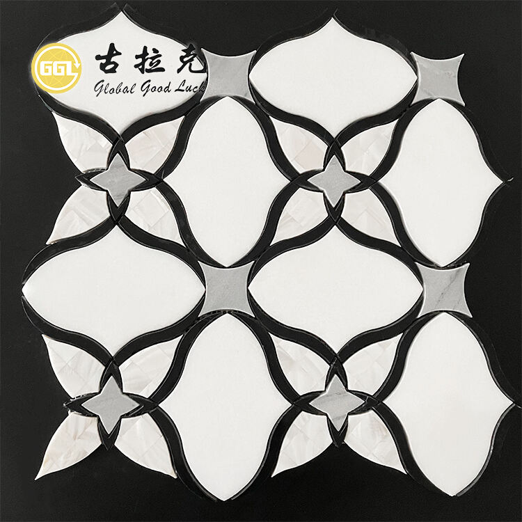 Flower Design Black White Marble Mix Pearl Shell Mosaic Tile