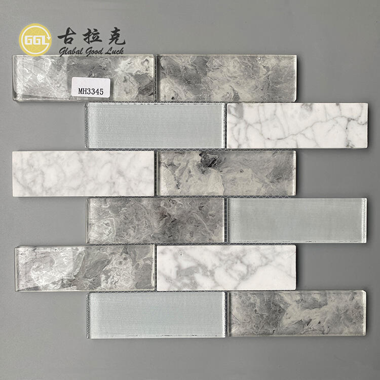 Long Strip Shape Glass Mixed Mable Backsplash Wall Decoration Tiles Glass Mosaic