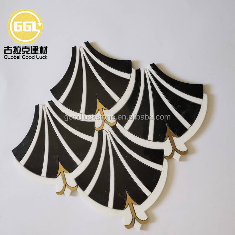 White Mix Black Fan Shape Marble Waterjet Mosaic Inlay Brass Design