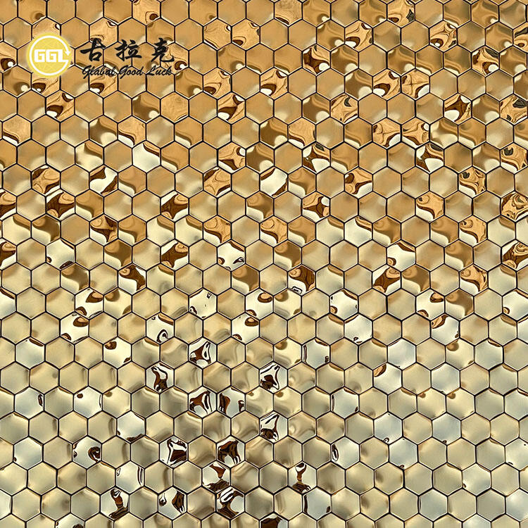 Glossy and Brushed Hexagonal Golden Metal Mosaic Decorative Wall Tiles