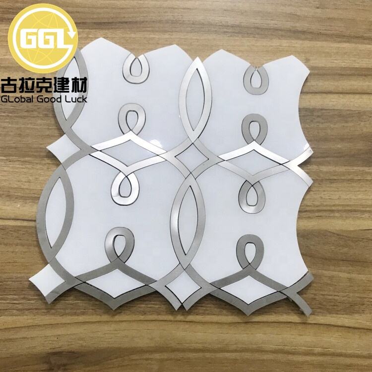 Unique Shape Marble Mix  Stainless Steel Waterjet Mosaic Tile