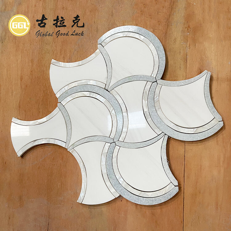 Home Decor White Fan Shape Water Jet Marble Mix Shell Mosaic Tile Interior Wall Backsplash Mosaic