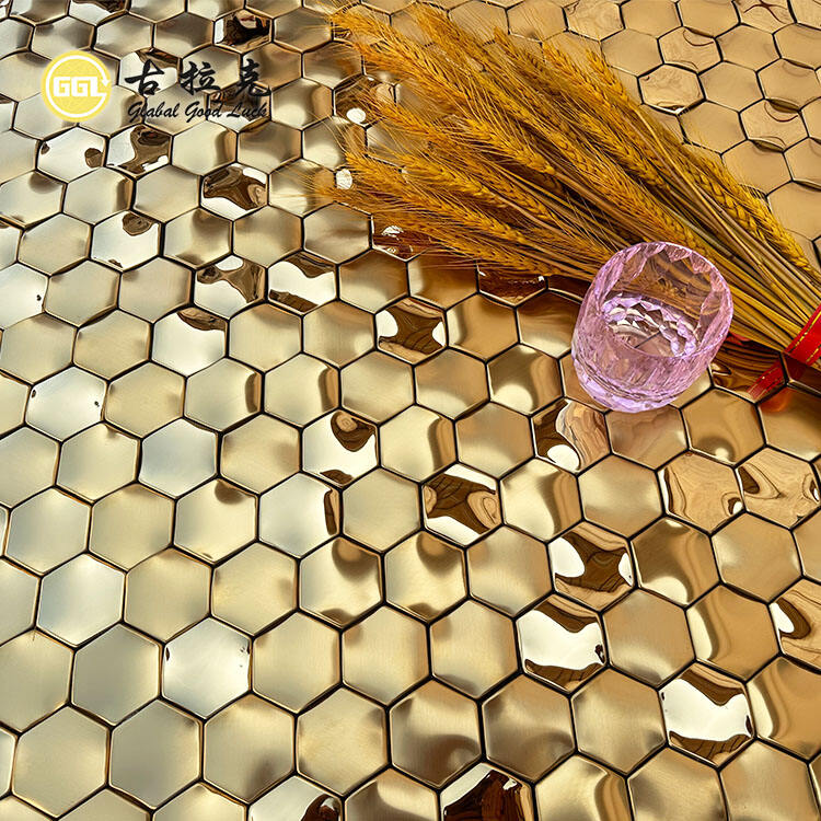 Glossy and Brushed Hexagonal Golden Metal Mosaic Decorative Wall Tiles