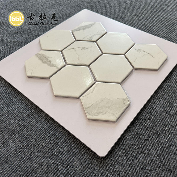 White Marble Texture Hexagon Ceramic Mosaic Tiles 