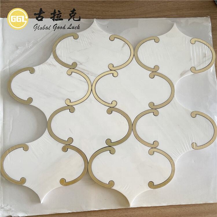 Dolomite White Marble Inlay Brass Waterjet Mosaic Tile