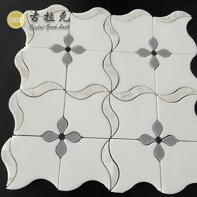 White Marble Shape Waterjet Parquet Feature Mosaic Tile Inlay Shell For Interior Decoration