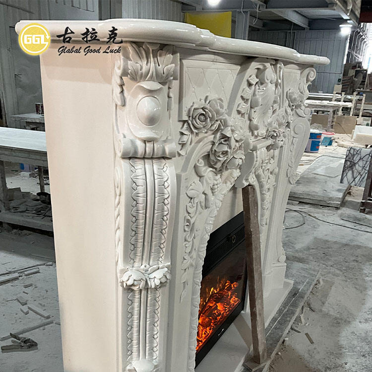 French Style Freestanding Ethanol Fireplace Mantles Popular Design Hand Carved Natural White Marble