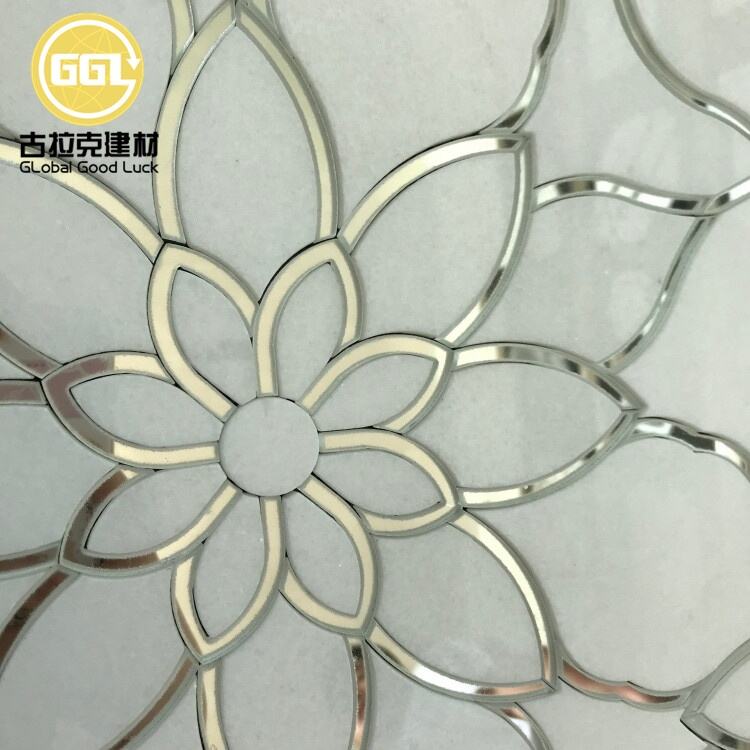 Antique Mirror Style Mosaic Tile Wateriet Glass and Carrara Marble Flower Pattern Mosaic Tile