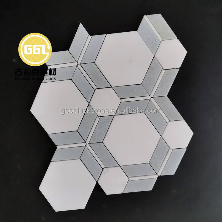 XiaMen Factory Supply White Mix Gray Marble Combination of Hexagon and Square Mosaic Tile for Bathroom Wall/Floor Decor