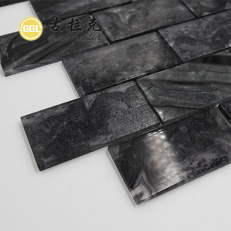 Black Glass Mix Marble Black Strip Shape Mosaic For Wall Tile