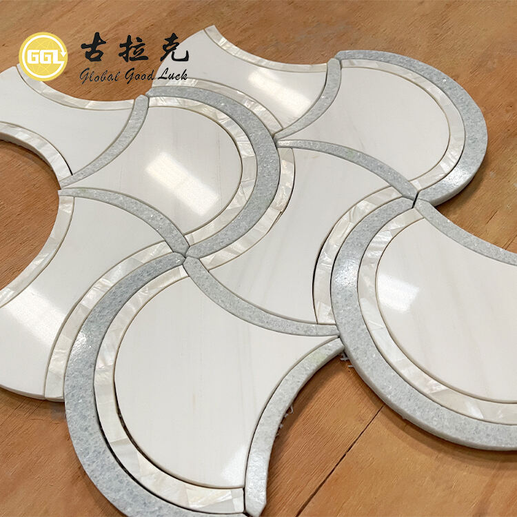 Home Decor White Fan Shape Water Jet Marble Mix Shell Mosaic Tile Interior Wall Backsplash Mosaic