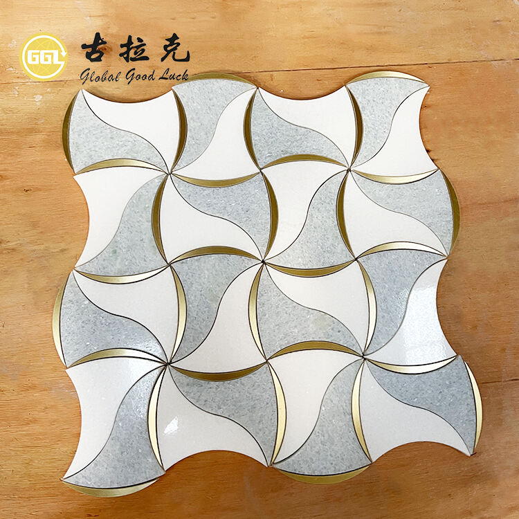 Wavy Design White Blue Marble Mix Brass Mosaic Tile Interior Wall Floor Decor