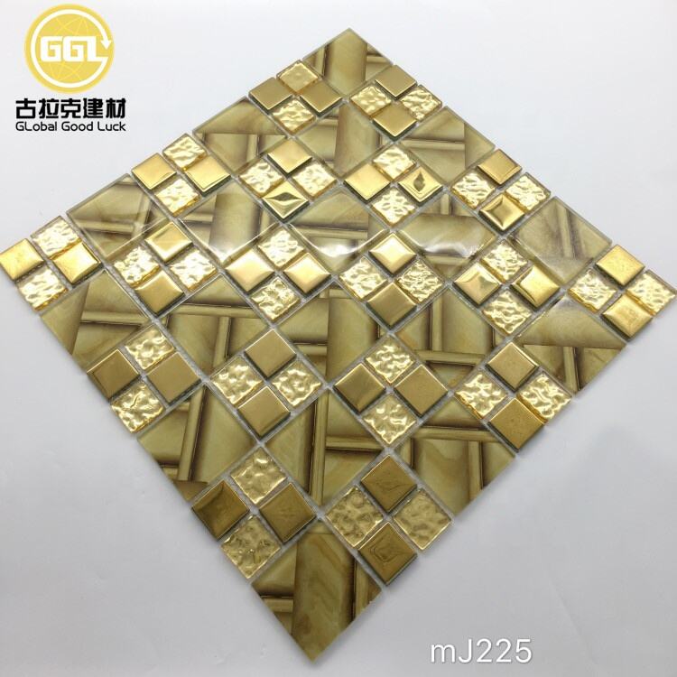 Gold Color Crystal Glass Blend Metal Glossy Mosaic Tile For Wall Decor