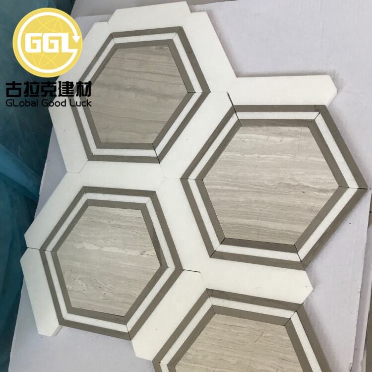 Wood Beige Marble Irregular Hexagon Marble Mosaic Tile