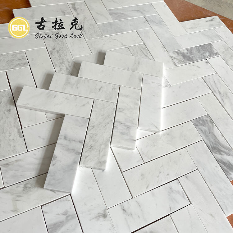 Curated visual reference: Picture Idea: Polished White Marble Herringbone Tile Mosaic For Kitchen Decor