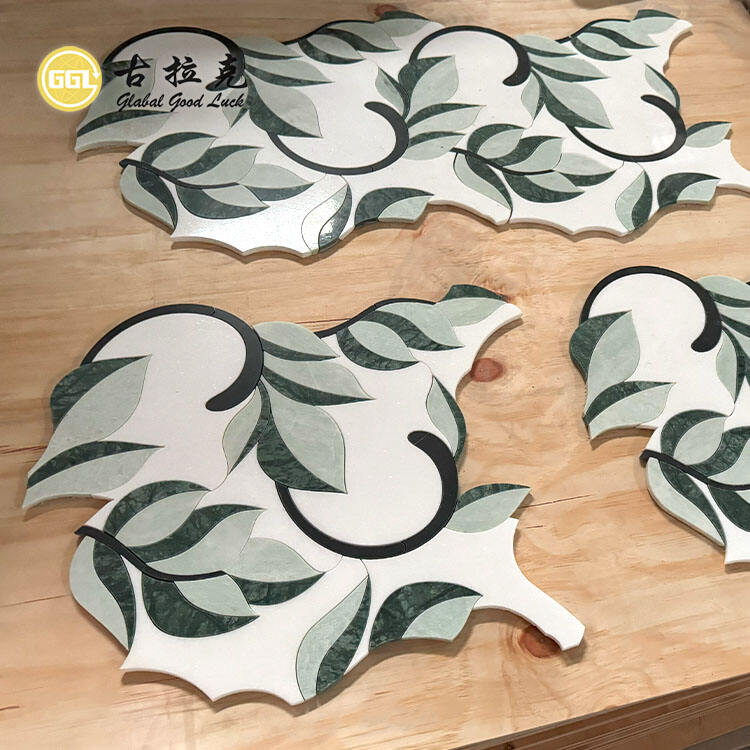 Natural Green Leaf Shape Pattern Waterjet Mosaic Tiles for Interior Decor