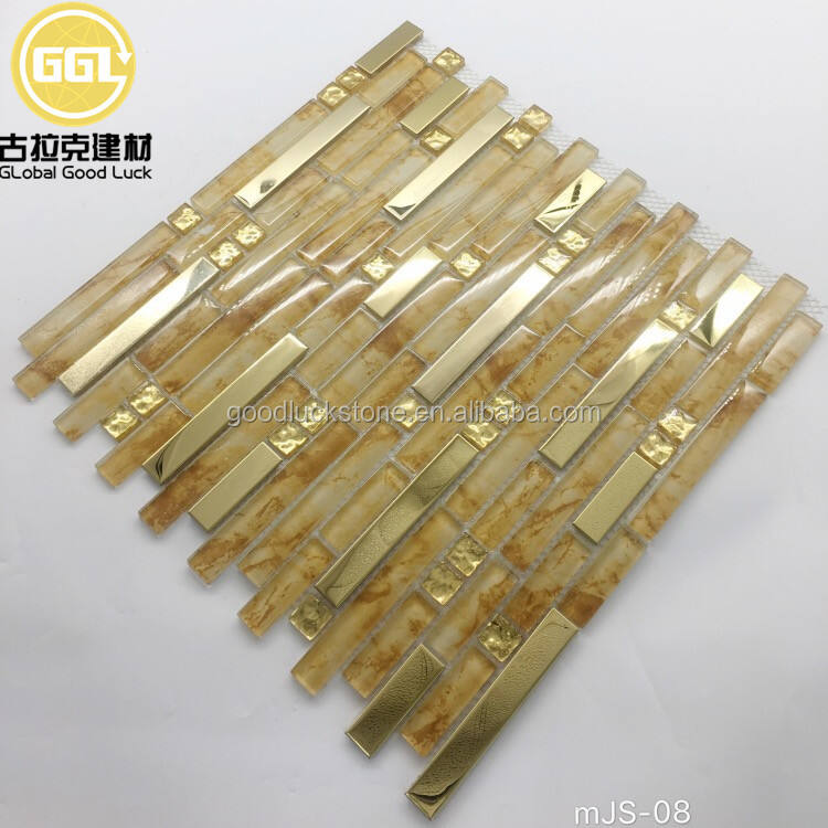 Gold Color Long Strip Shape Laminate Glass Mixed Metal Backsplash Wall Decoration Tiles Glass Mosaic