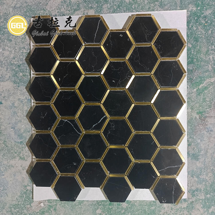 Nero Marquina Marble Mix Brass Mosaic Tile Water Jet Hexagon Black Wall Tile