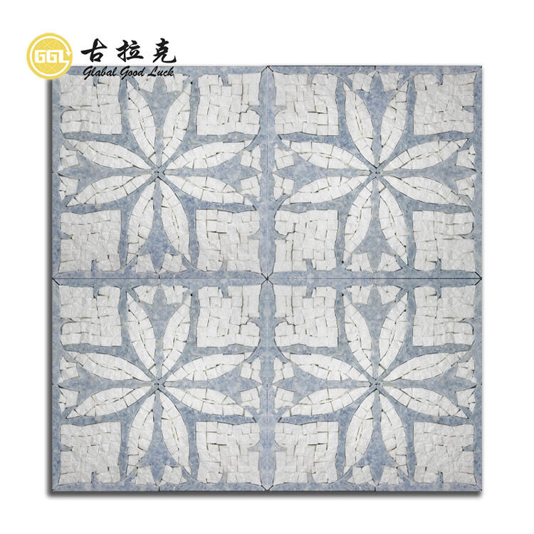 Hand-made Flower Waterjet Marble Thassos White Mix Blue Mosaic Tile
