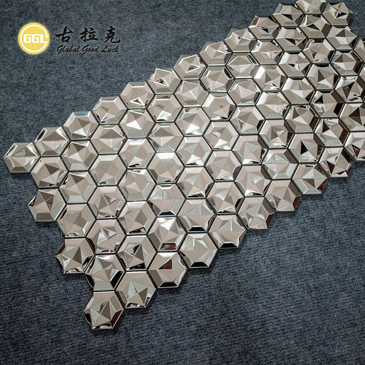 Glossy Surface Hexagonal Metal Mosaic 3D Effect Stainless Steel Decorative Wall Tiles