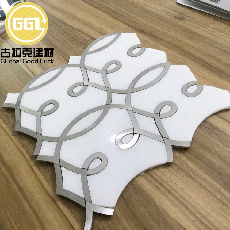 Unique Shape Marble Mix  Stainless Steel Waterjet Mosaic Tile