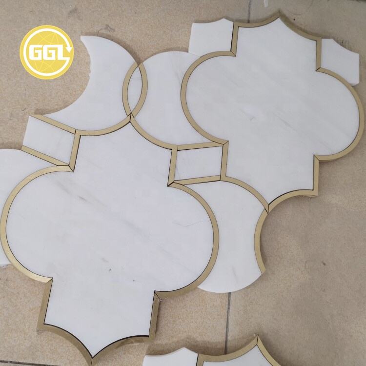 Lantern Shape Marble Waterjet Mosaic Inlay Brass For Wall Floor Tile