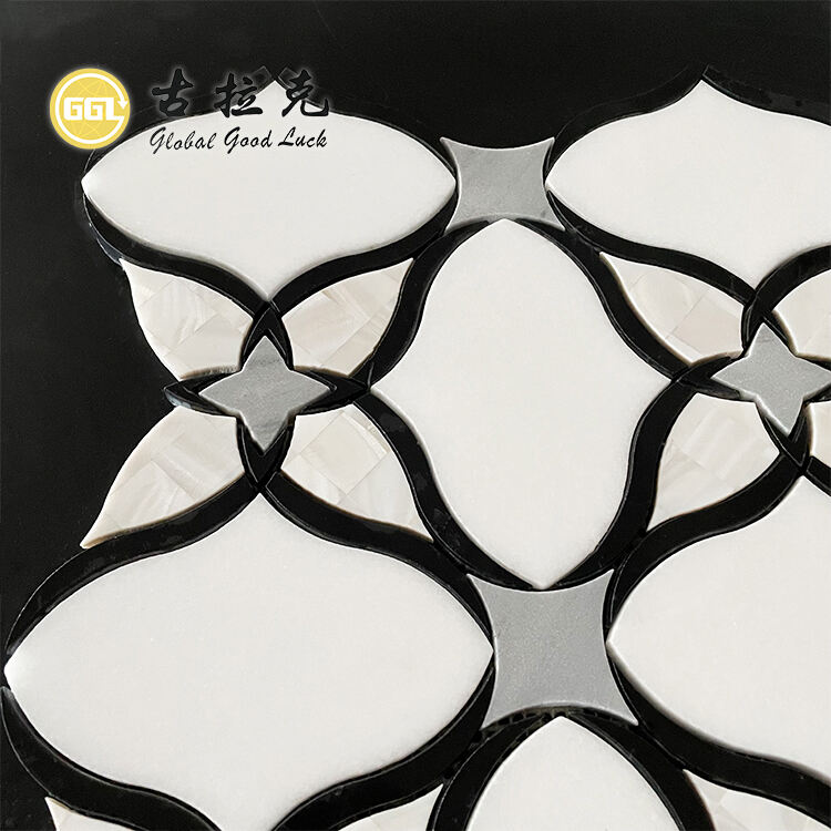 Flower Design Black White Marble Mix Pearl Shell Mosaic Tile