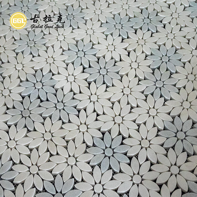 Backsplash Wall Decoration White Mix Blue Flower Pattern Waterjet Mosaic Tiles